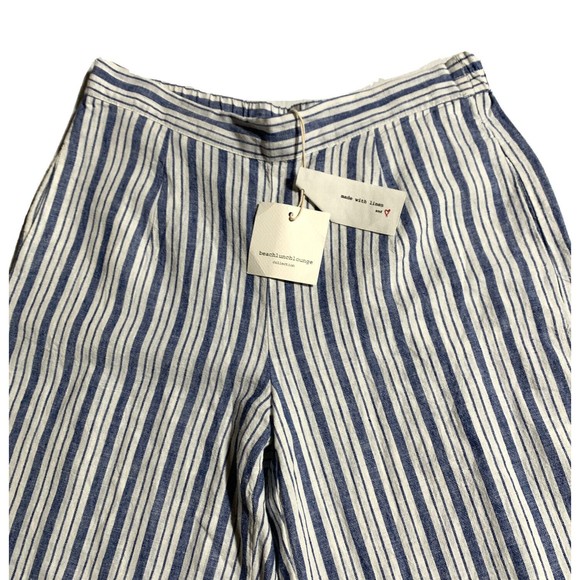 Beach Lunch Lounge Linen Blend Pants Womens Size S Blue Stripe Cropped Wide Leg - Picture 2 of 10